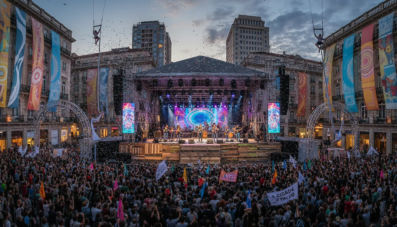 Praça lotada diante de um grande palco entre prédios antigos